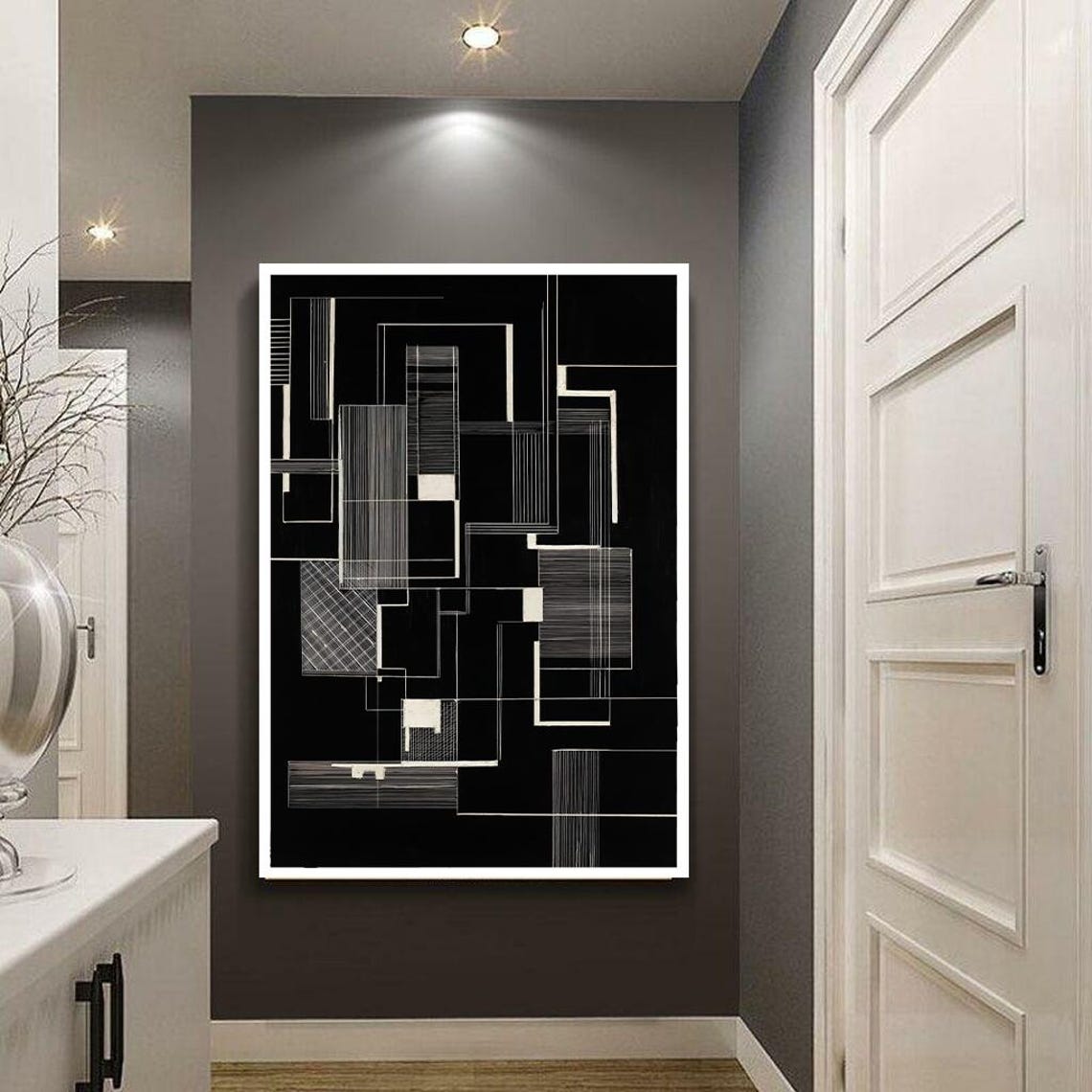 White Architectural Line Drawing on Black Geometric Art Poster - Image 3