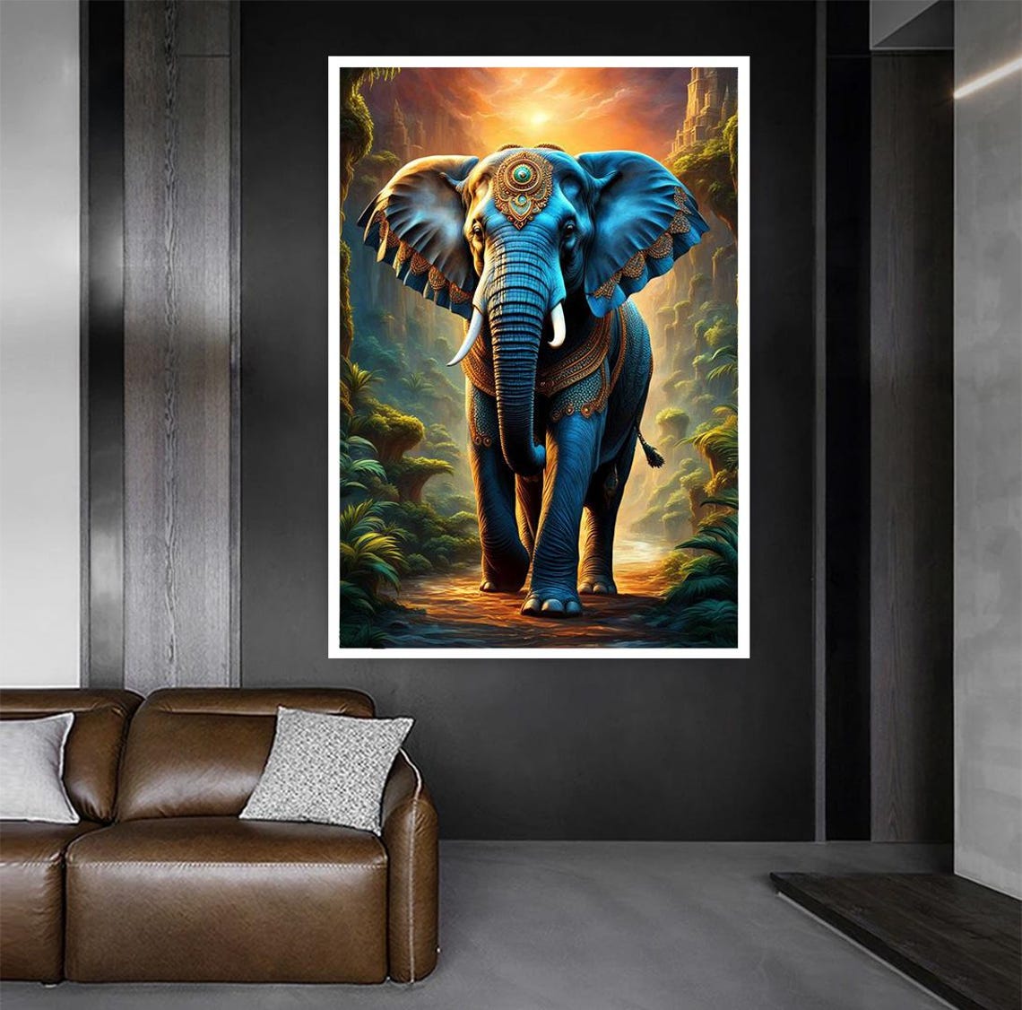 Blue Temple Elephant With Jeweled Crown Fantasy Jungle Sunset Poster - Image 2