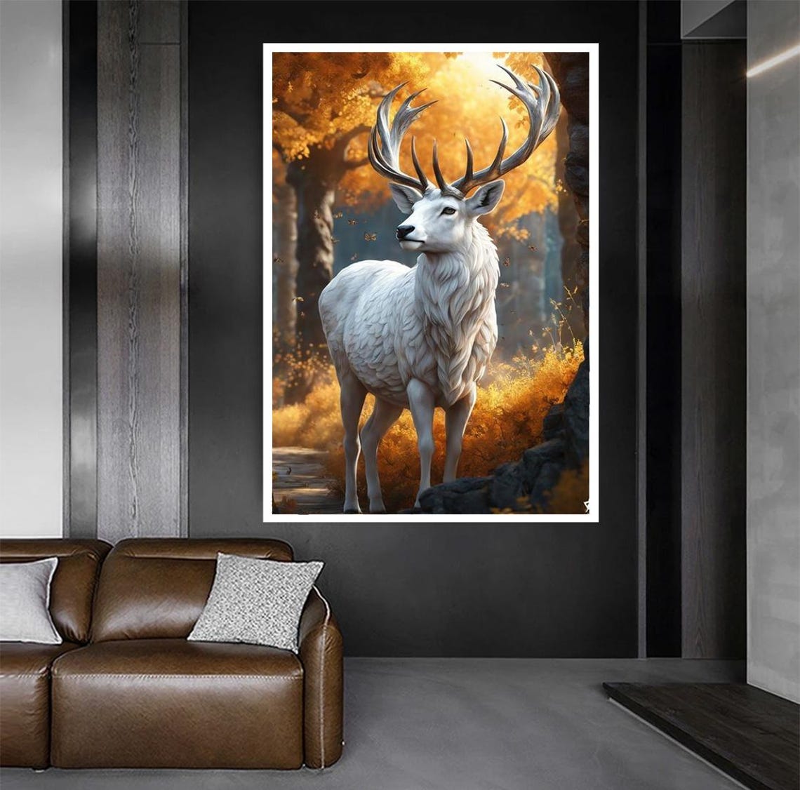 White Stag With Grand Antlers In A Golden Autumn Forest Art Poster - Image 2