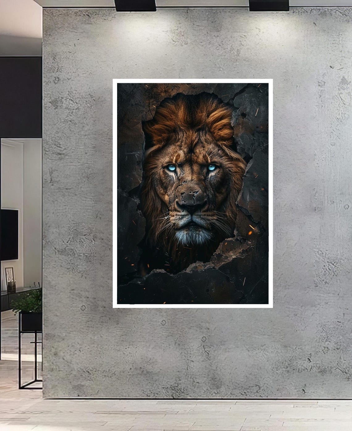 Fierce Lion Emerging Through A Cracked Wall Blue Eyes Art Poster - Image 2