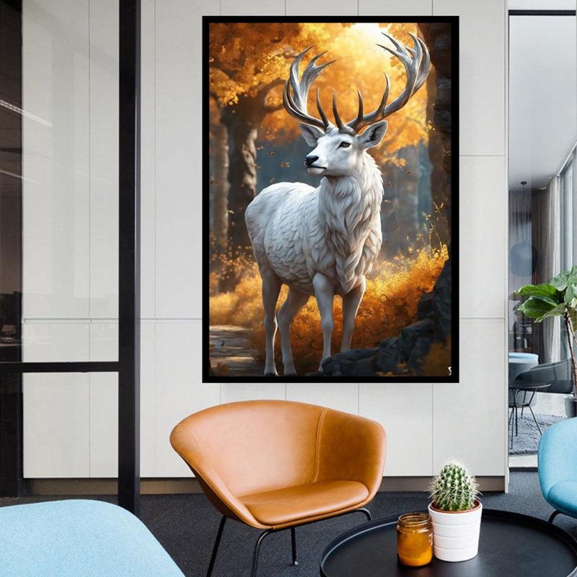 White Stag With Grand Antlers In A Golden Autumn Forest Art Poster - Image 4