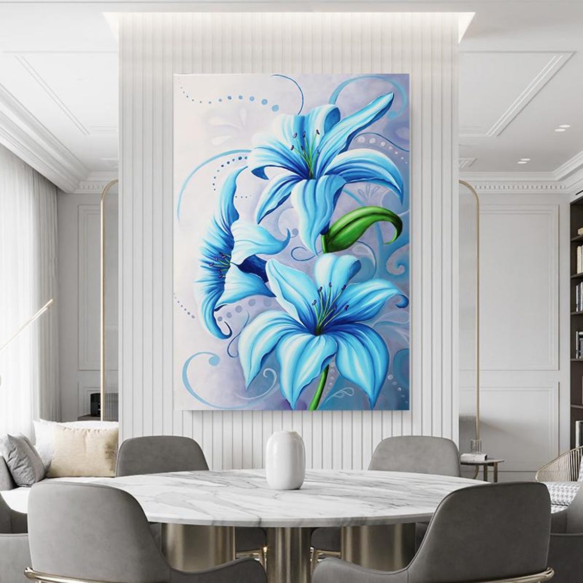 Elegant Glowing Blue Lilies Decorative Botanical Floral Art Poster - Image 2
