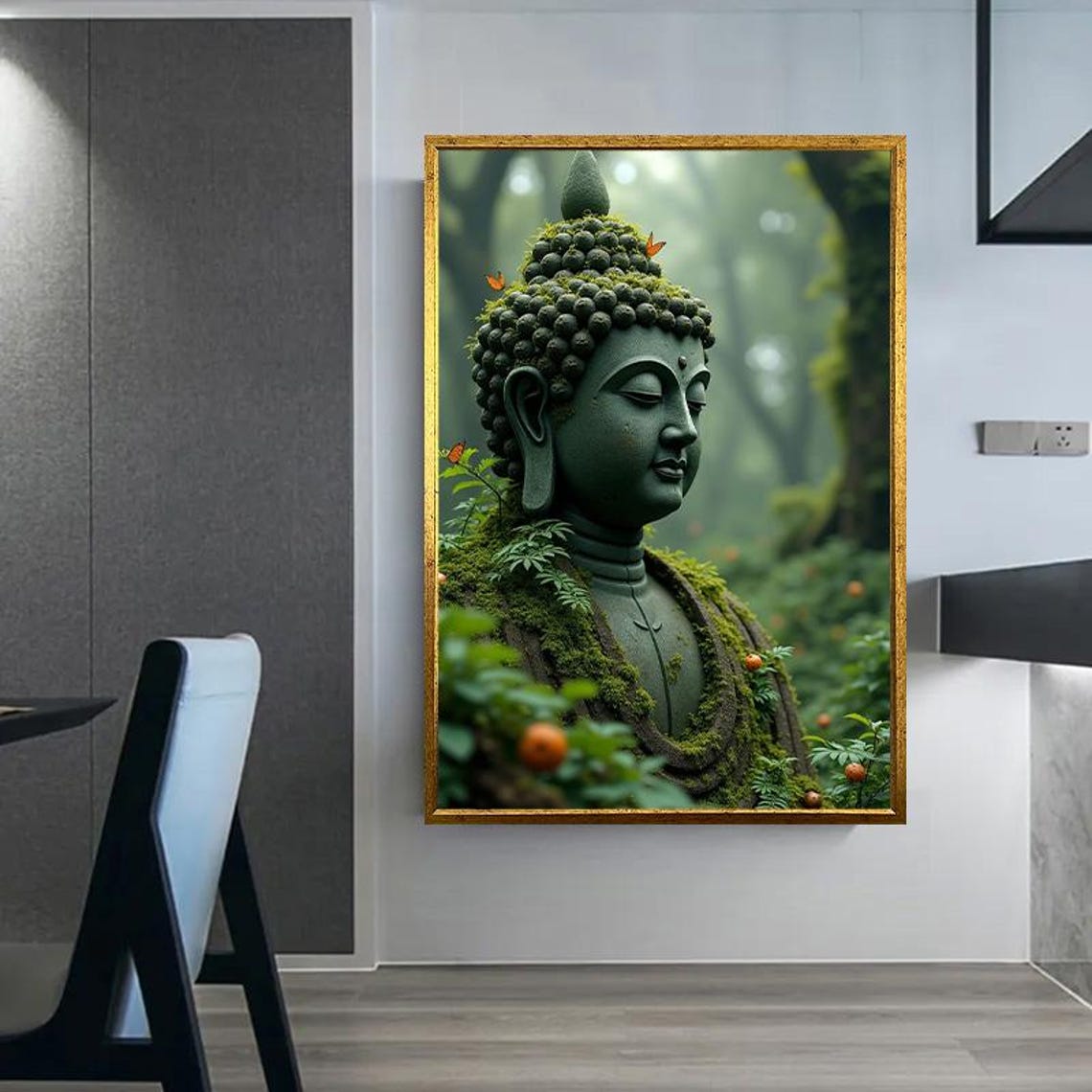 Moss Covered Buddha Head Statue in Misty Forest Zen Art Poster - Image 2
