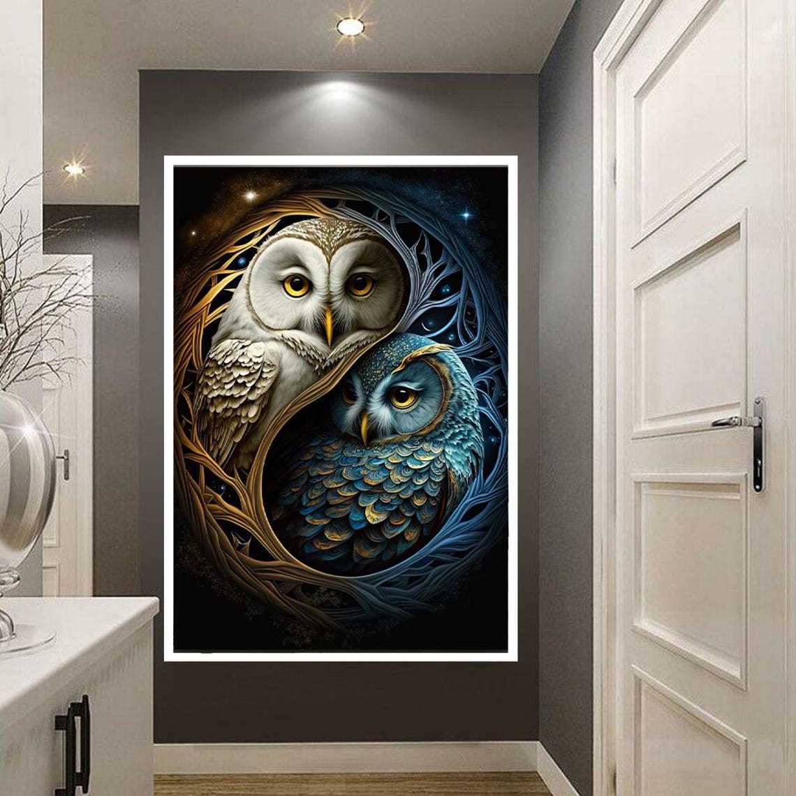 White and Blue Owls in Yin Yang Circle Mystical Wildlife Poster - Image 2