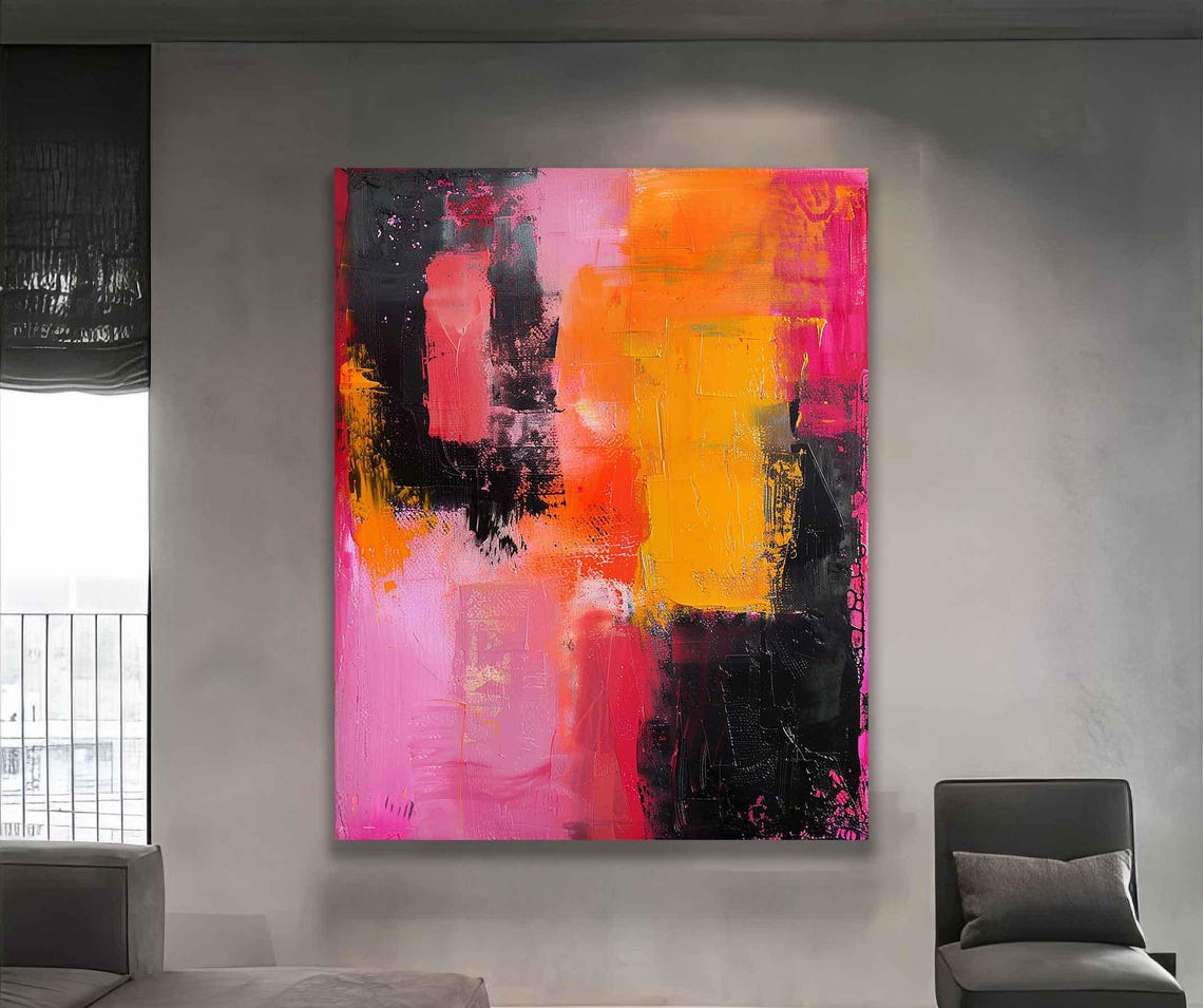 Vibrant Pink Orange and Black Bold Abstract Brushwork Art Poster - Image 4