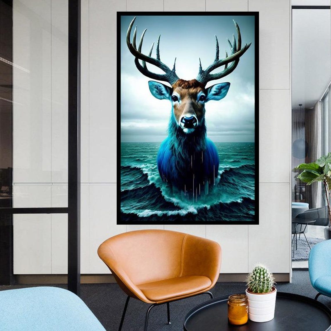 Majestic Stag Emerging From Ocean Waves Surreal Wildlife Poster - Image 4