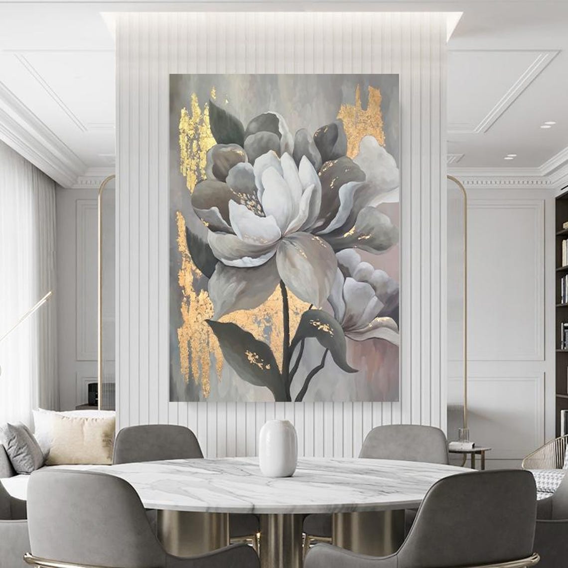 White Grey Blossoms With Gold Leaf Elegant Floral Art Poster - Image 3