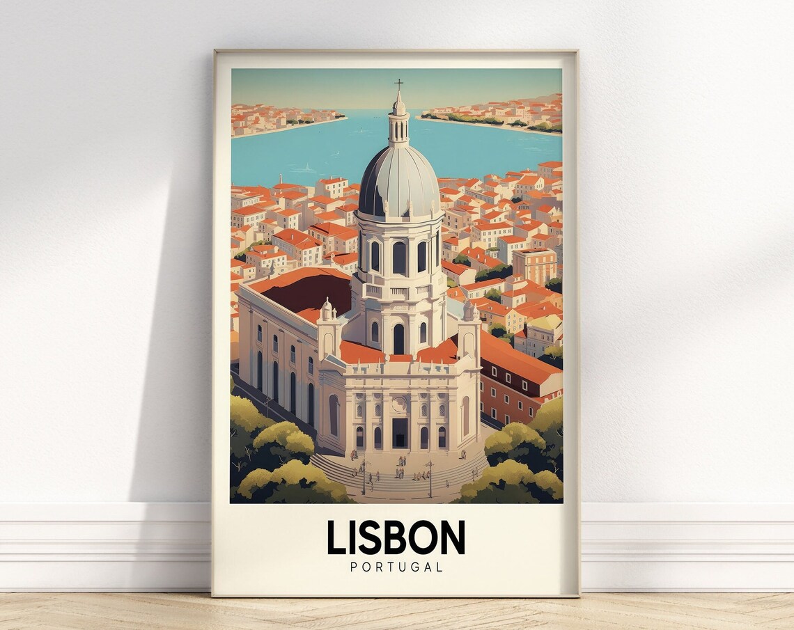 Lisbon Portugal Retro Domed Church Cityscape Colorful Travel Poster
