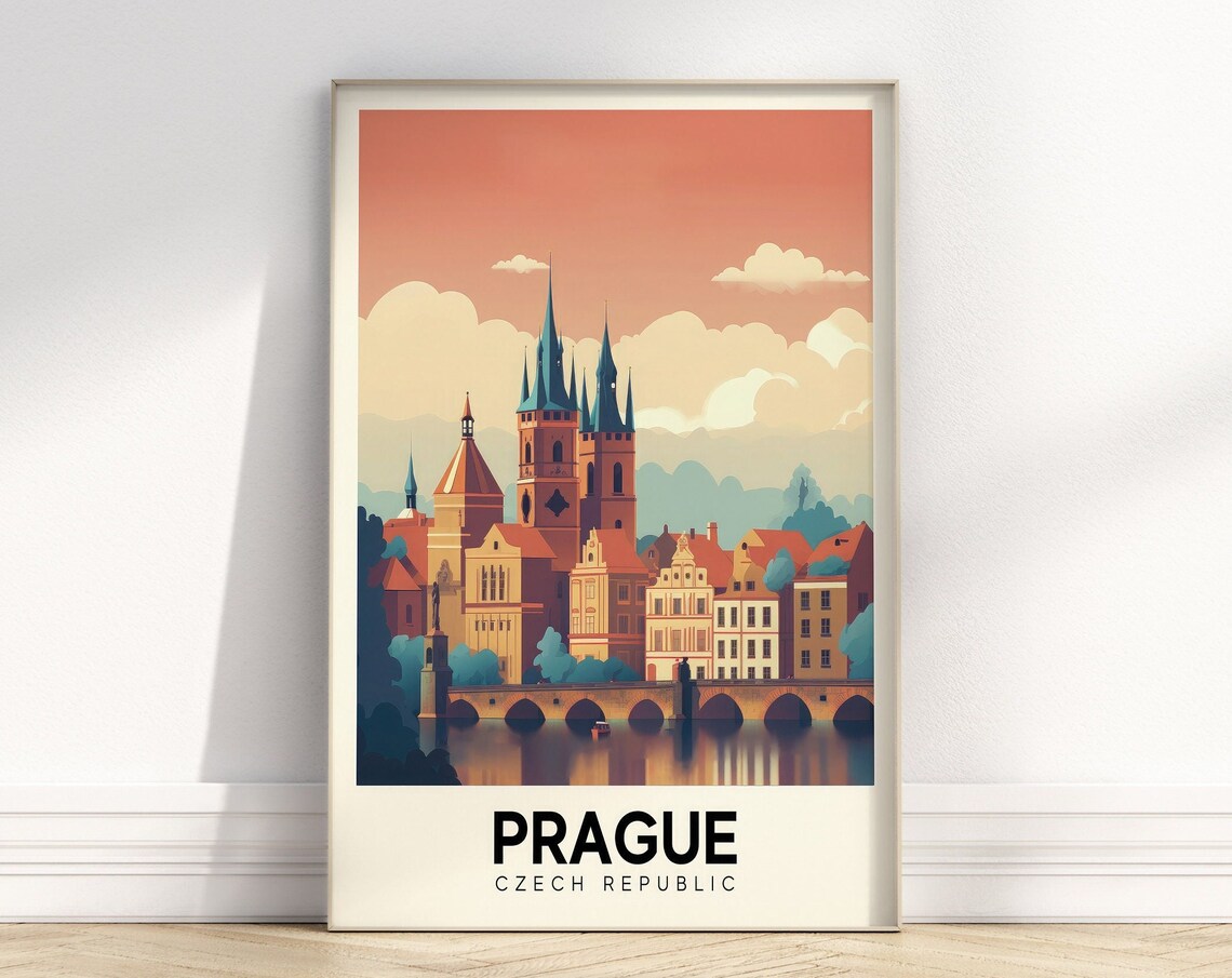 Prague Czech Republic Retro Old Town Bridge Colorful Travel Poster