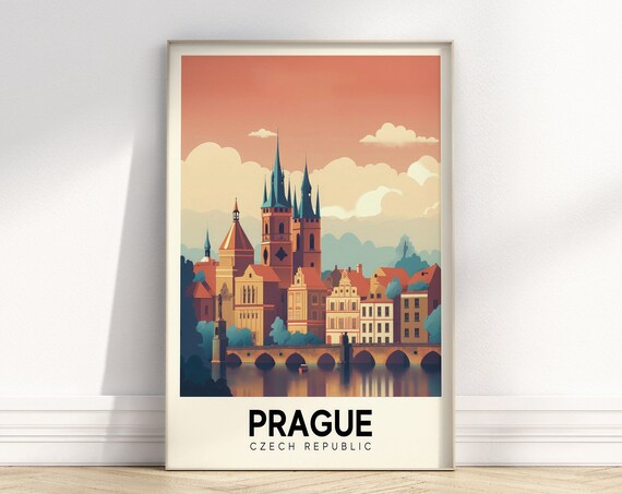 Prague Czech Republic Retro Old Town Bridge Colorful Travel Poster