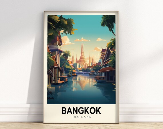 Bangkok Thailand Grand Colorful Retro Canal Temple Travel Poster