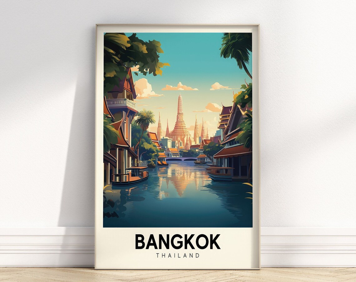 Bangkok Thailand Grand Colorful Retro Canal Temple Travel Poster