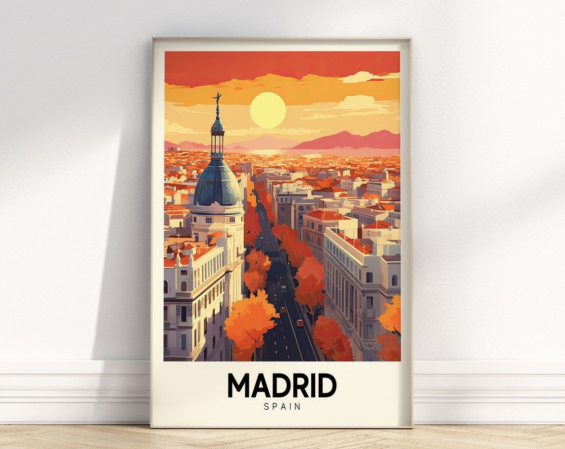 Madrid Spain Sunset Boulevard Retro Cityscape Colorful Travel Poster