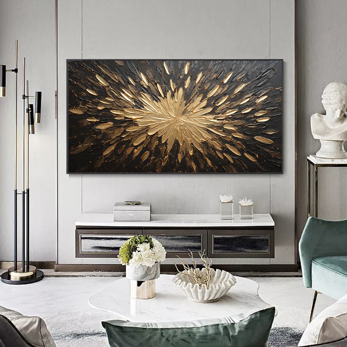 Gold Metallic Burst Black Background Abstract Floral Wall Art - Image 4
