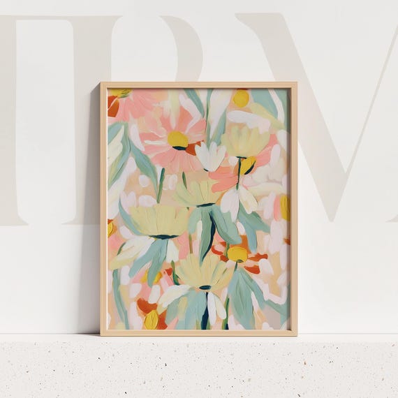 Colorful Abstract Floral Print Peach And Yellow Flowers Botanical Art For Home Styling