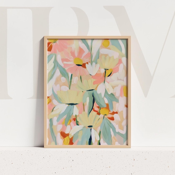Pink and Yellow Wildflower Daisies Abstract Floral Painting Poster