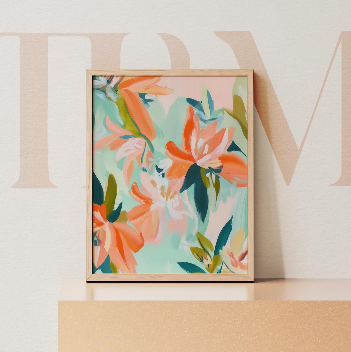 Colorful Abstract Orange Lilies on Aqua Modern Floral Poster - Image 4