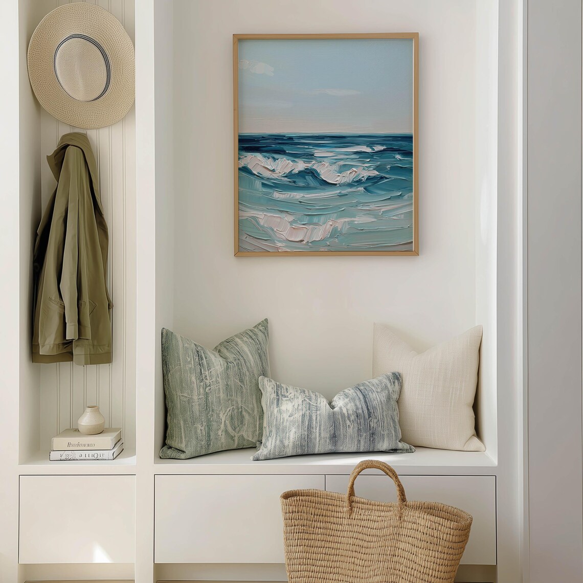 Ocean Waves Wall Art Print Coastal Beach Painting Abstract Textured Blue Seascape Artwork