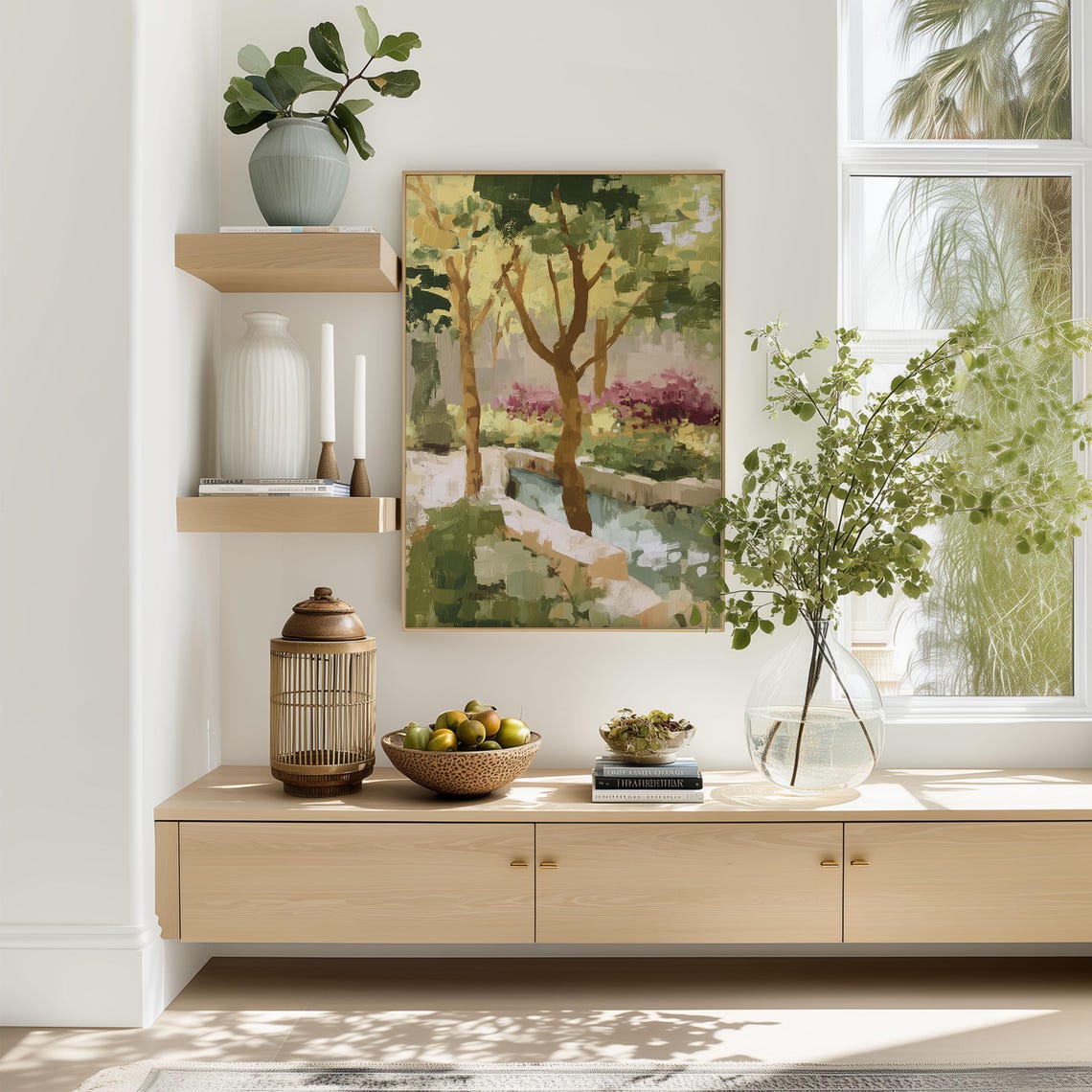 Sunlit Garden Path Trees Pink Blossom Impressionist Art Poster