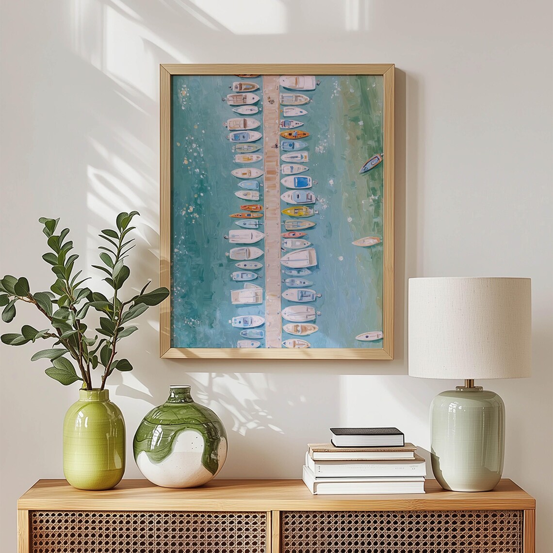 Colorful Marina Boats Coastal Harbor Art Print