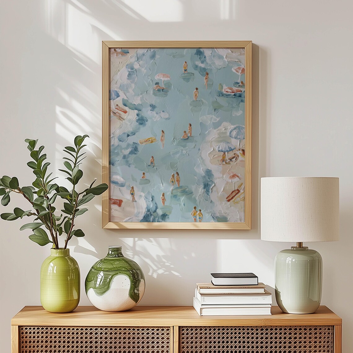 Pastel Beach Day Art Print, Coastal Swimmers