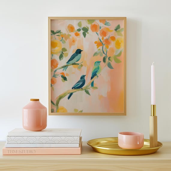 Pastel Birds Botanical Art Print Colorful Nature Illustration