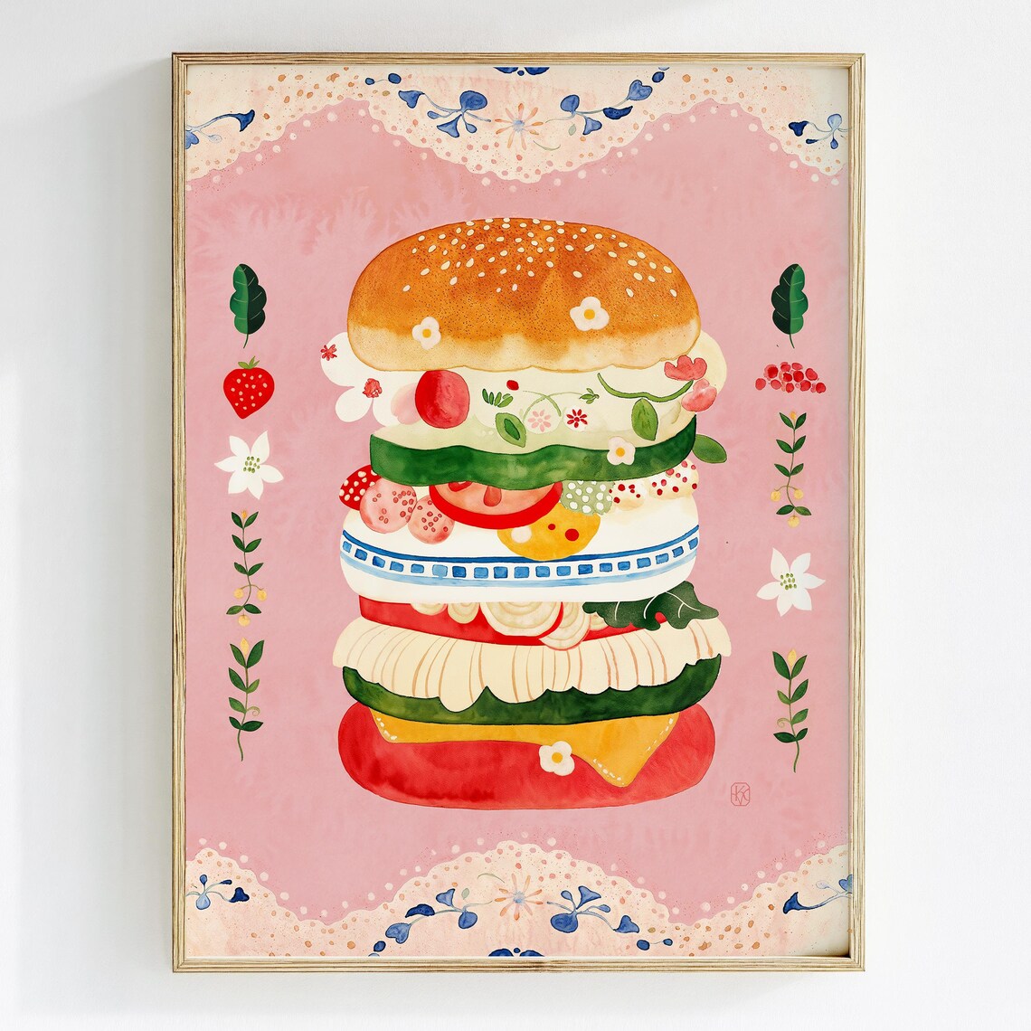 Whimsical Giant Burger Watercolor Pink Cafe Bakery Illustration Poster - Image 3