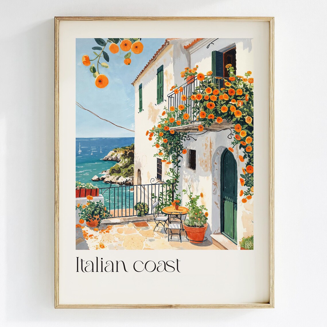 Italian Coast Watercolor Travel Poster, Mediterranean Decor