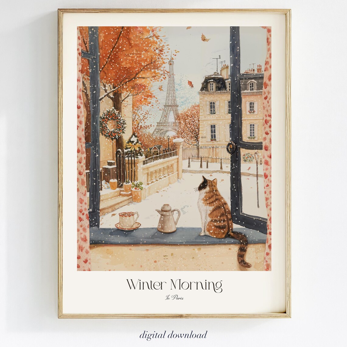 Dreamy Cat Watercolor Parisian Cafe Art Print