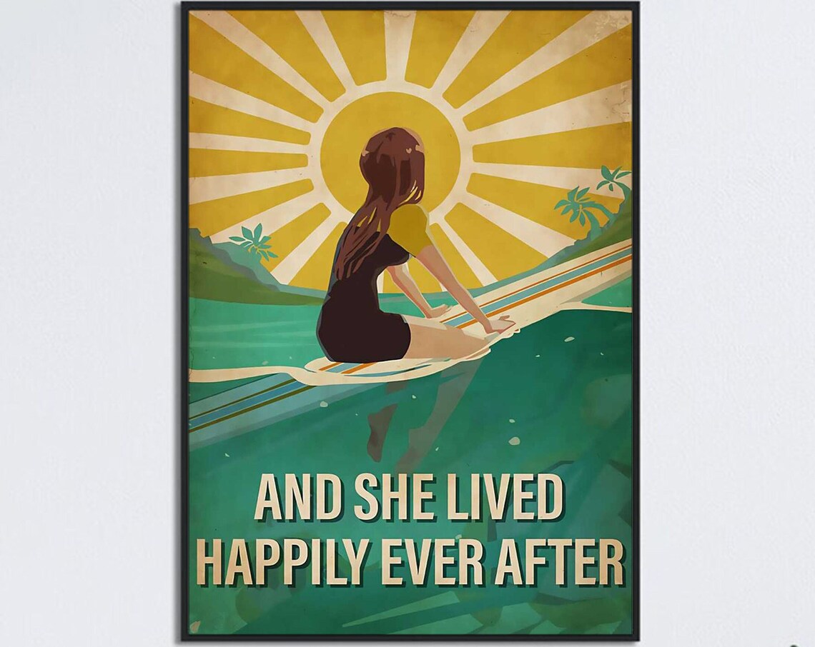 Girl Ocean Surfing Vintage Beach Wall Art Print