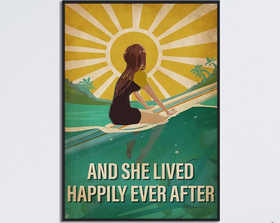 Girl Ocean Surfing Vintage Beach Wall Art Print