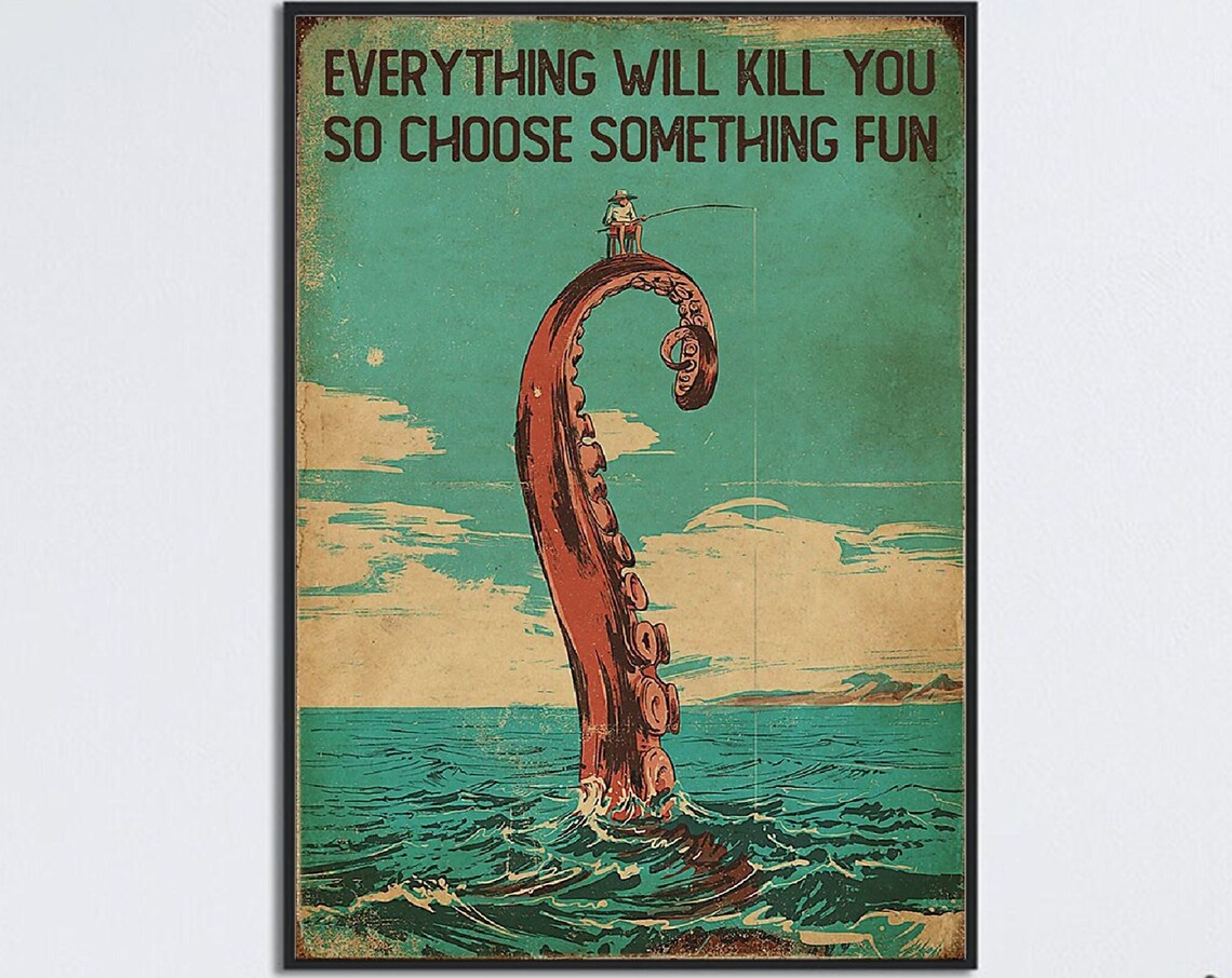 Tentacles Man Fishing Vintage Poster, Retro Humor