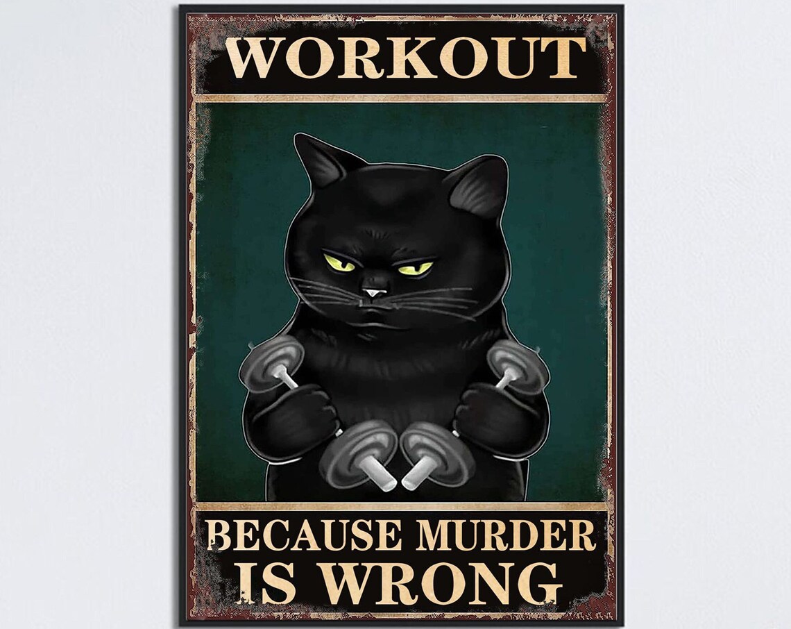 Black Cat Gym Room Art, Weightlifting Workout Poster