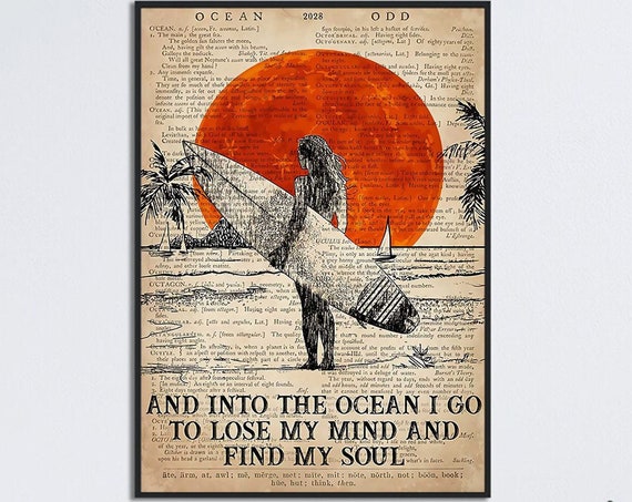 Girl Surfing Vintage Ocean Poster Print, Surfing Gift