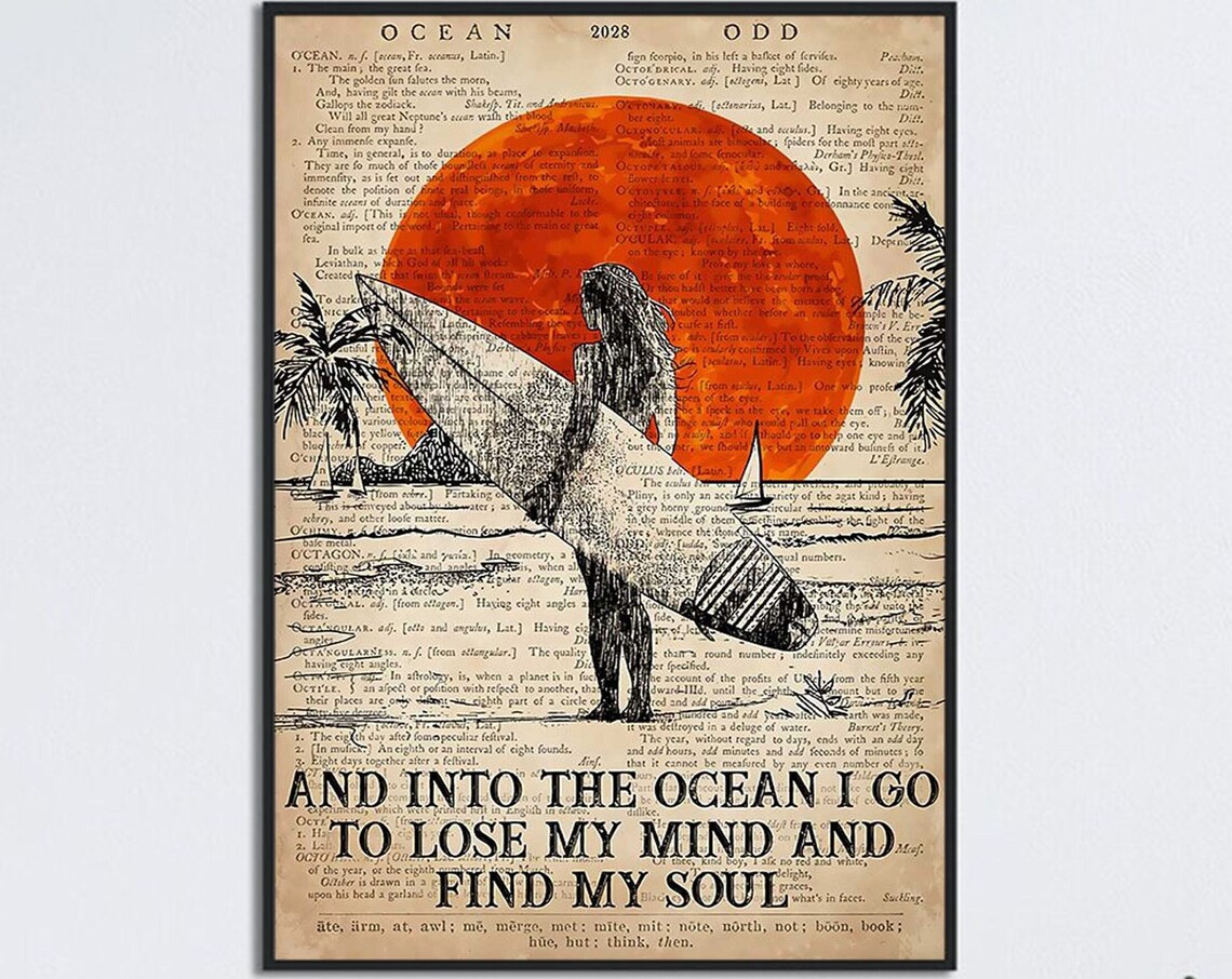 Girl Surfing Vintage Ocean Poster Print, Surfing Gift