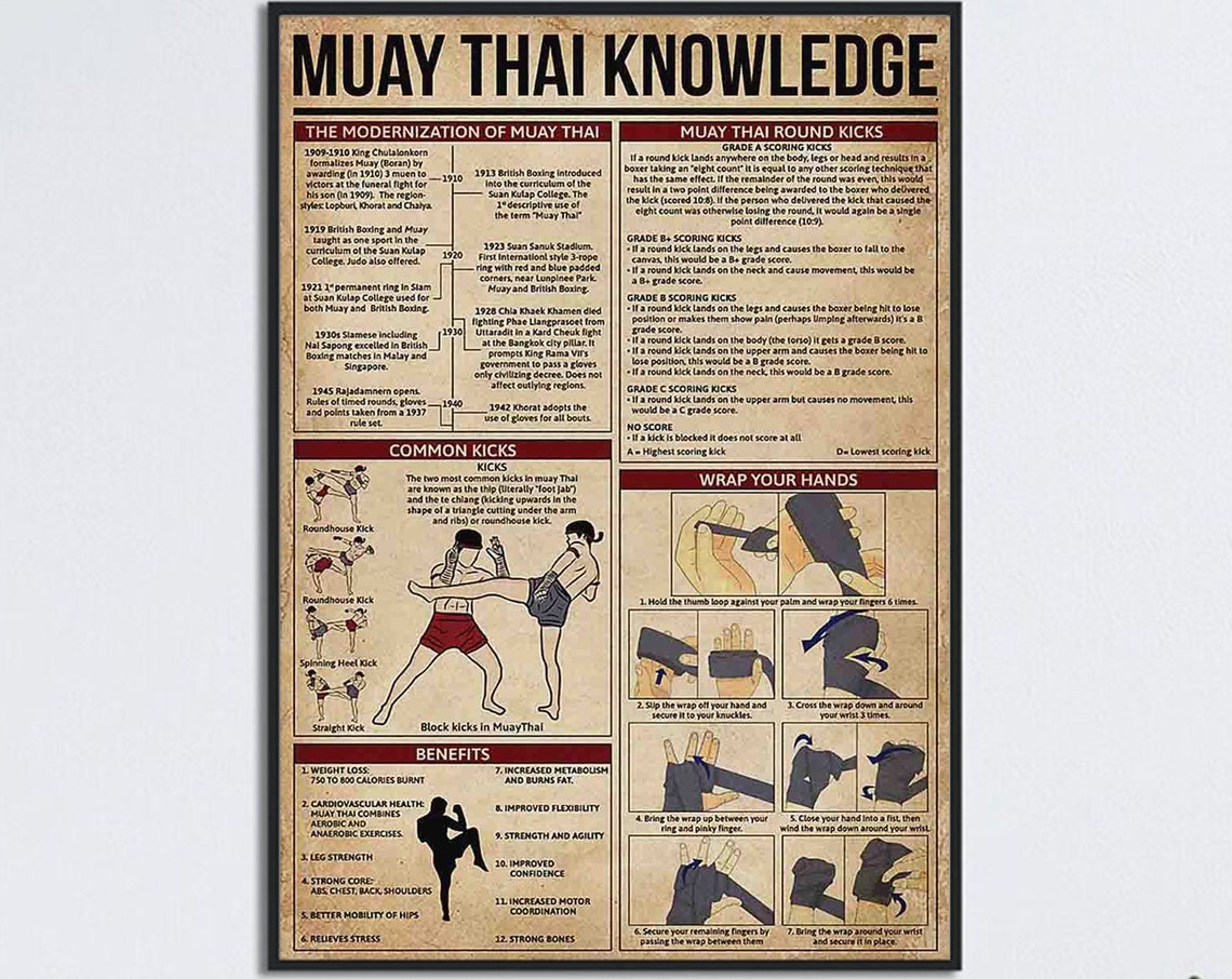 Muay Thai Knowledge Round Kicks Techniques History Chart Poster