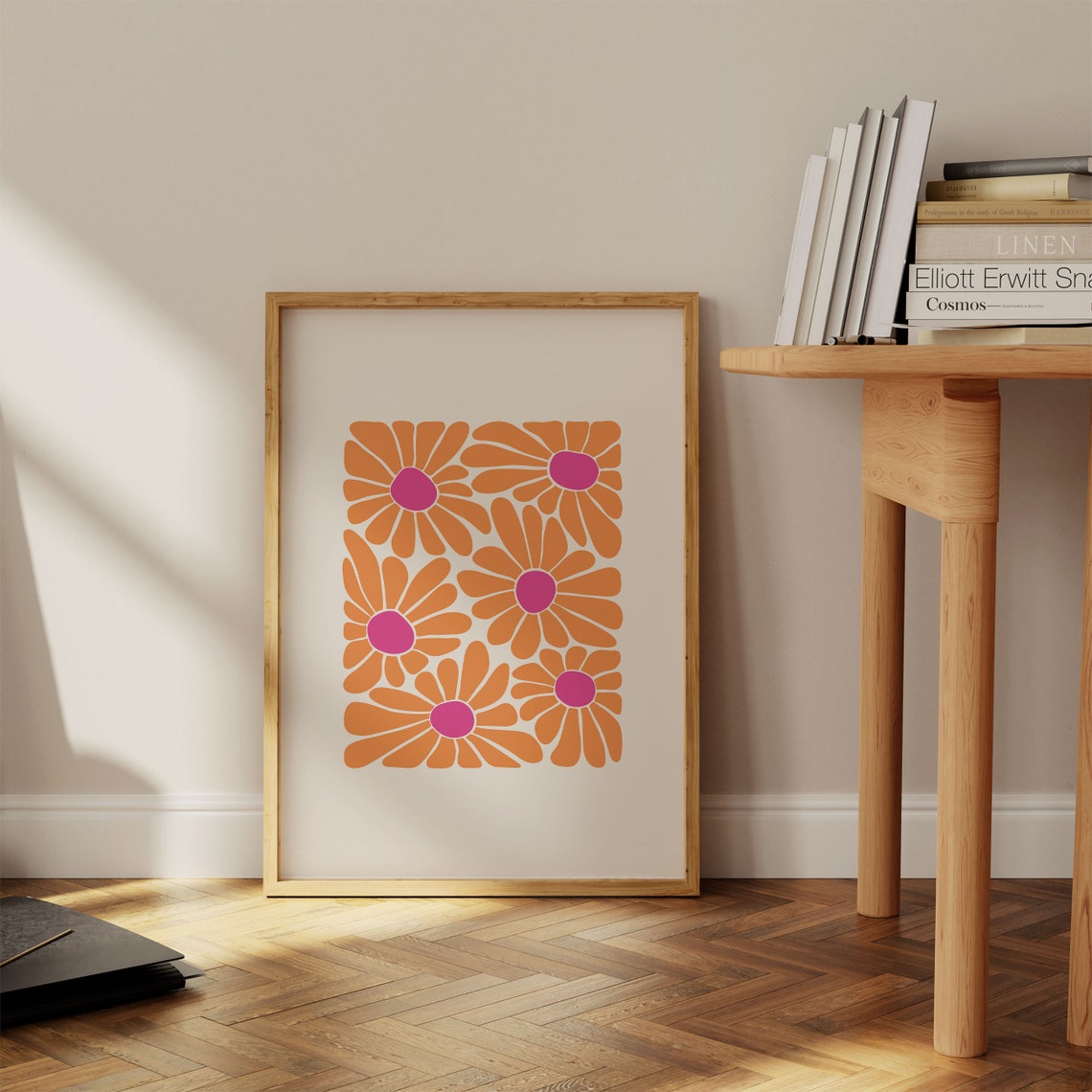 Retro Orange Daisy Grid Pink Centers Groovy 70s Flower Poster - Image 2