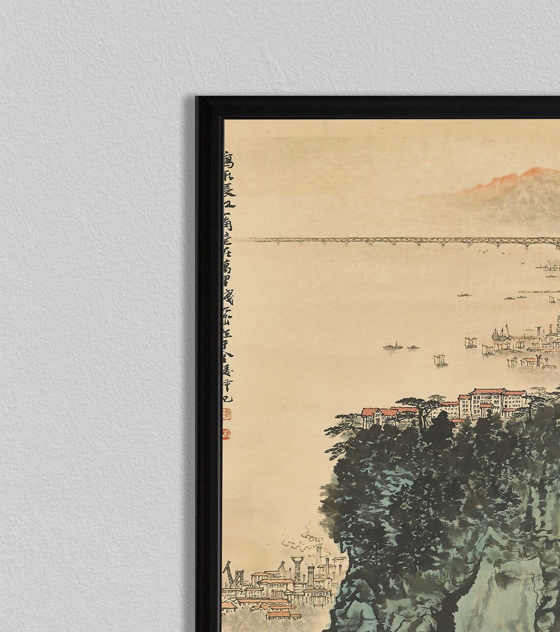 Chinese Ink Wash Coastal City Bridge Mountains Landscape Art Poster - Image 2