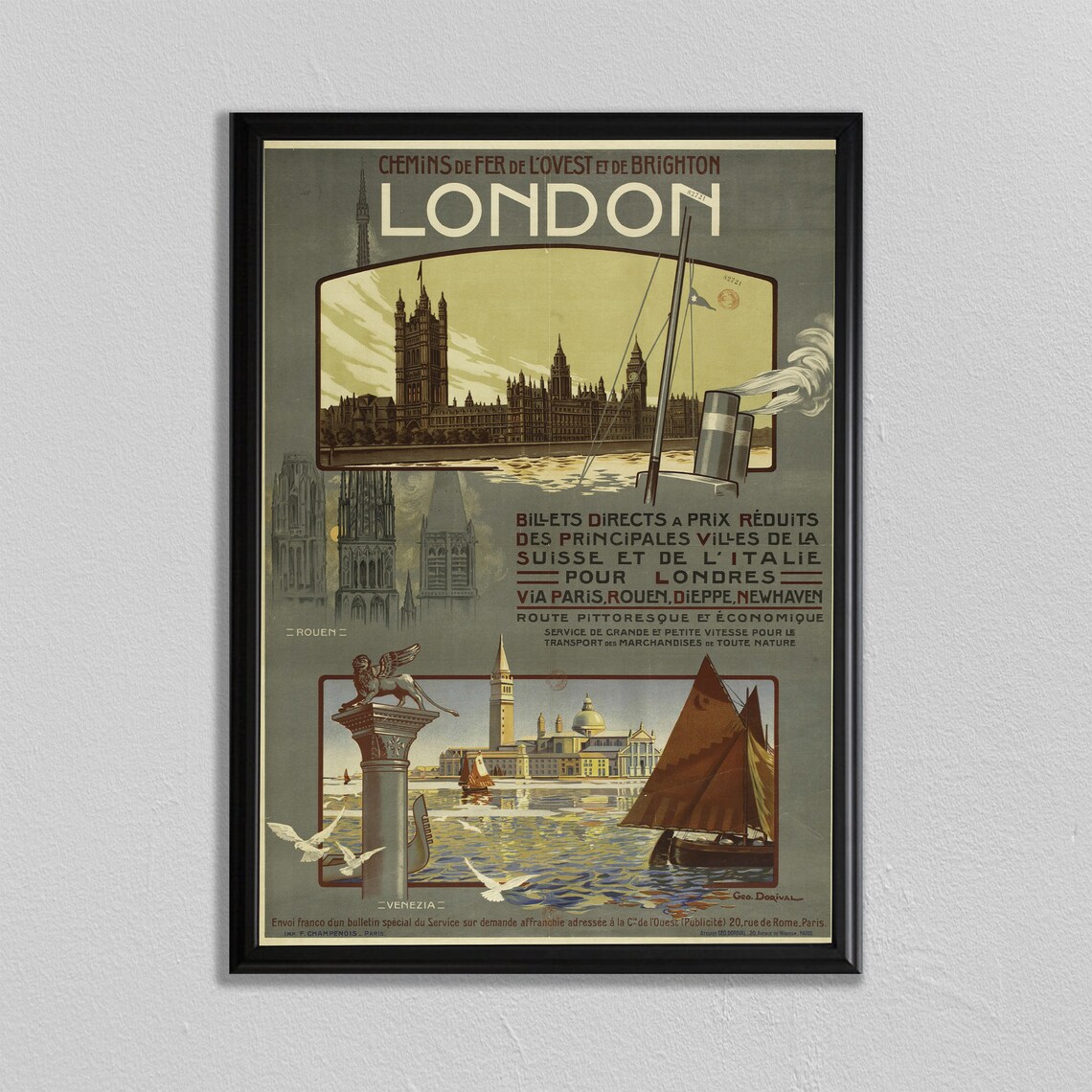 Vintage London Railway Parliament Venice Rouen Travel Art Poster