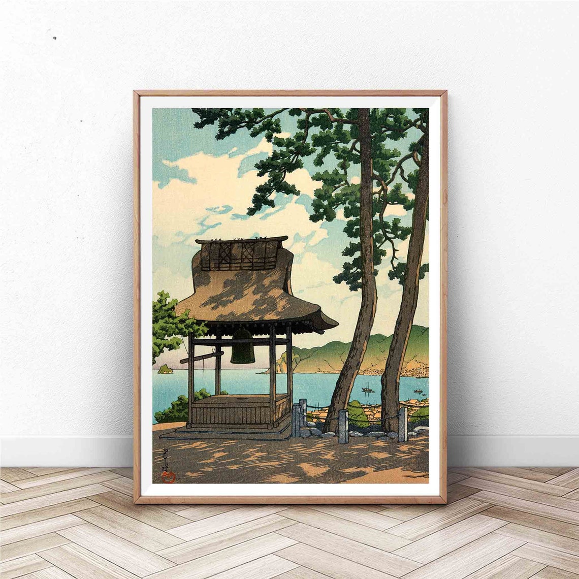 Shin Hanga Japanese Woodblock Bell Tower Pine Trees Sea Poster