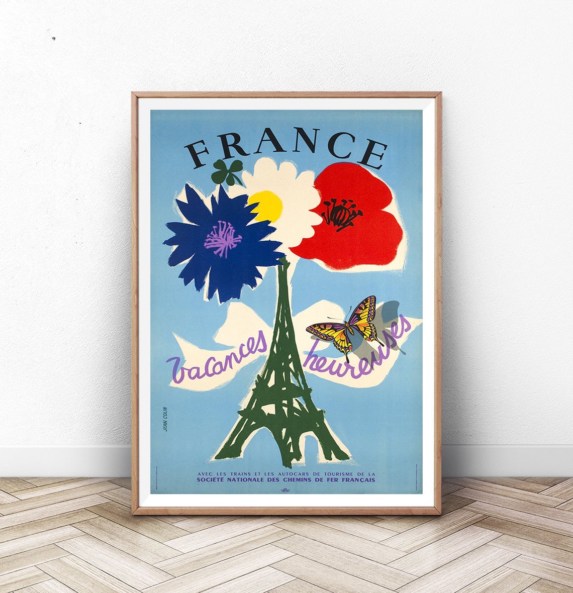 France Vacances Heureuses Eiffel Tower Flower SNCF Rail Travel Poster