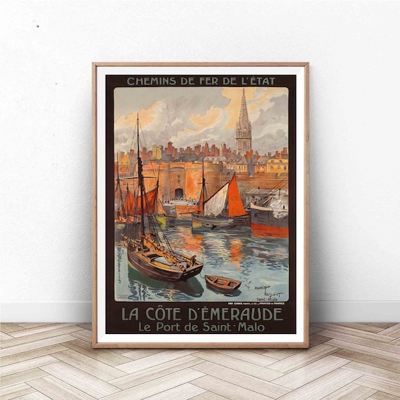 Cote d'Emeraude Saint-Malo Harbor French Railway Vintage Travel Poster