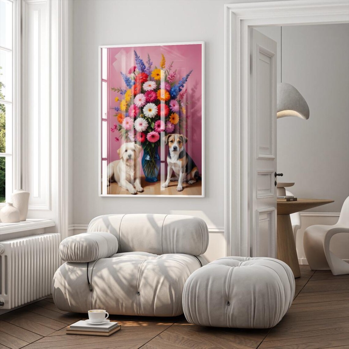 Two Cute Dogs Beside Big Pink Flower Bouquet Vintage Art Poster