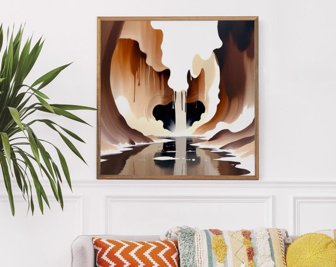 Caramel Cave Waterfall Abstract Over Dark Water Landscape Poster