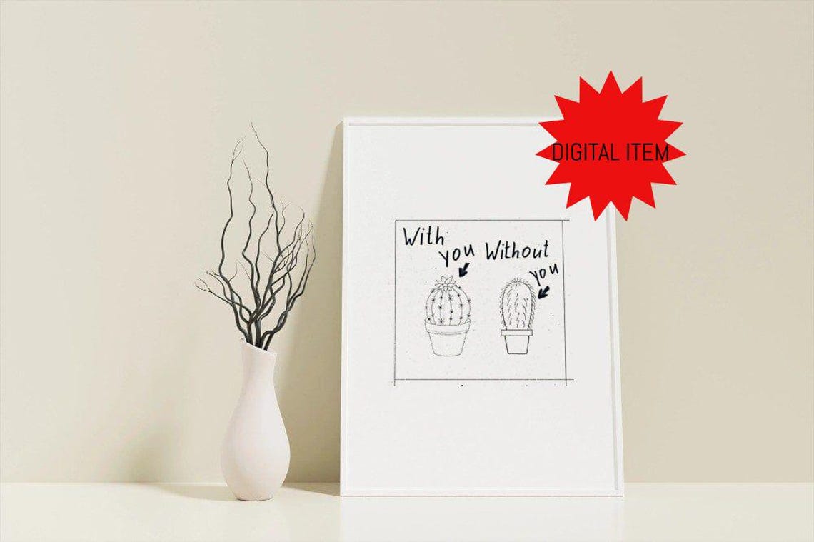 With You Without You Cactus Couple Romantic Line Drawing Poster