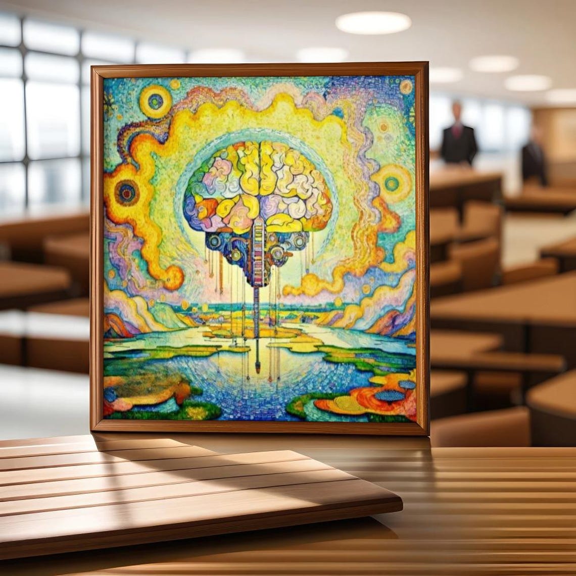 Surreal Blooming Brain Rising Over Colorful Pointillist Lake Poster