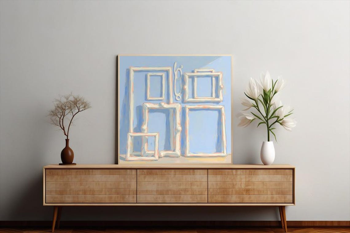 Stacked Pastel Picture Frames on Blue Impressionist Style Art Poster