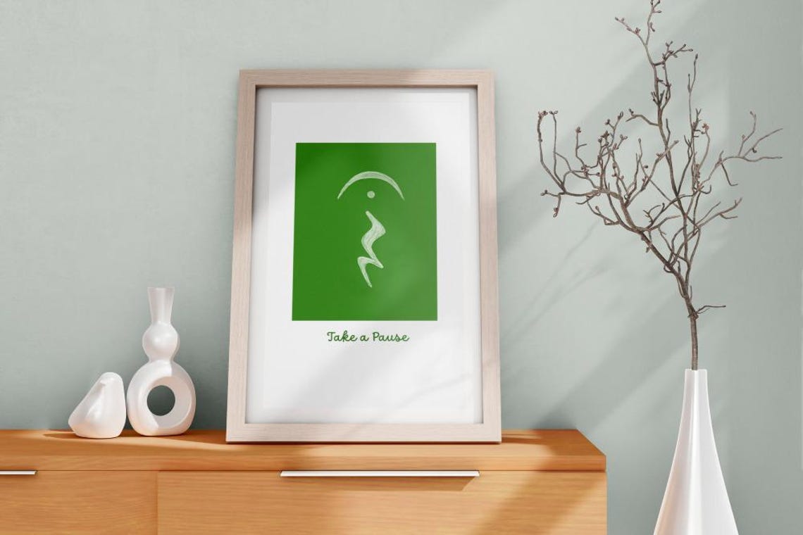 Take a Pause Green Square Line Art Mindfulness Wall Decor Poster