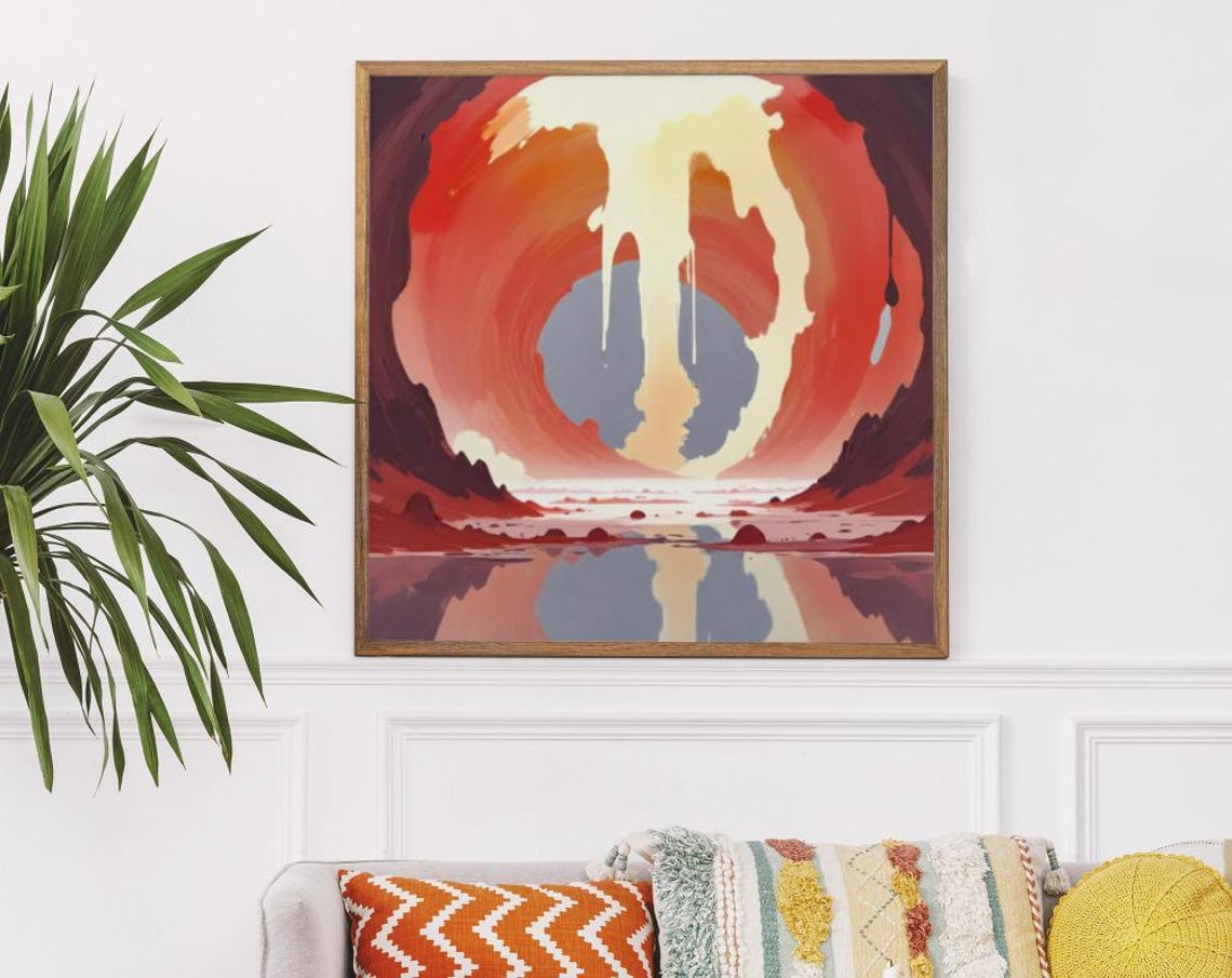 Bright Red Sun And Waterfall Inside Fiery Cave Portal Art Poster