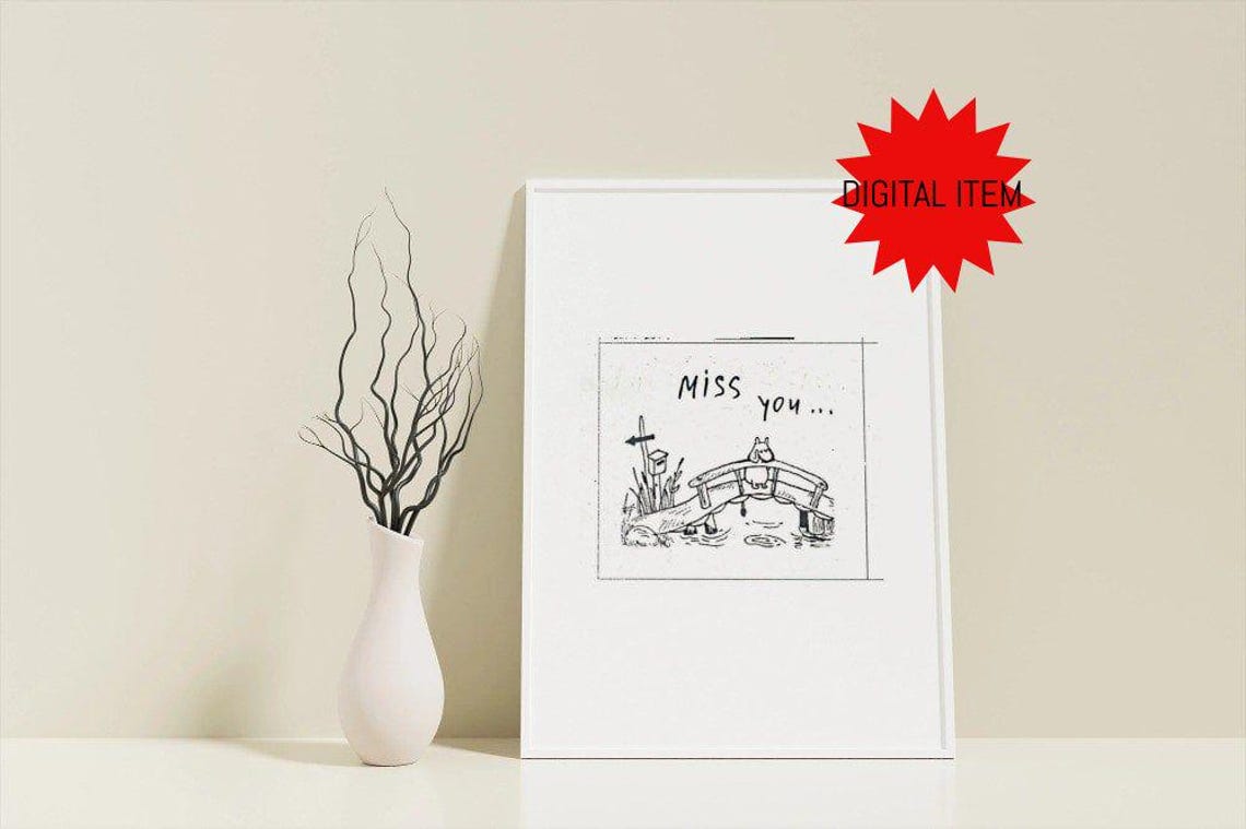 Miss You Sweet Cartoon Hippo On A Bridge Black Ink Sketch Poster